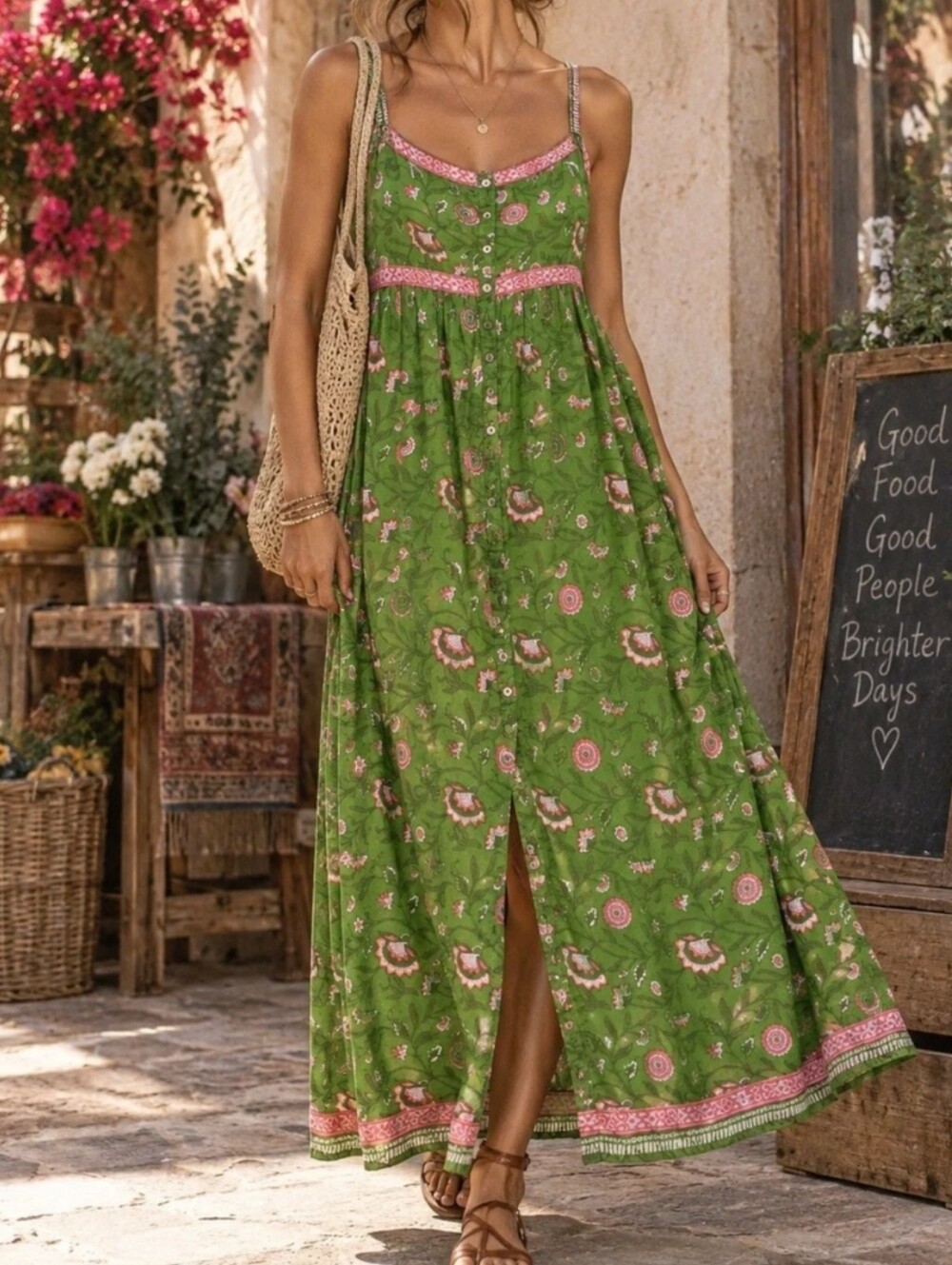 Natural Life Block Floral Print Baby Doll Green Maxi Dress Cotton Boho Size L